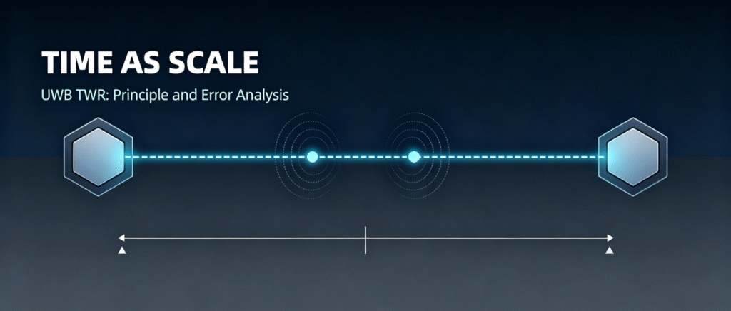 Two hexagonal UWB nodes with dashed signal paths between them