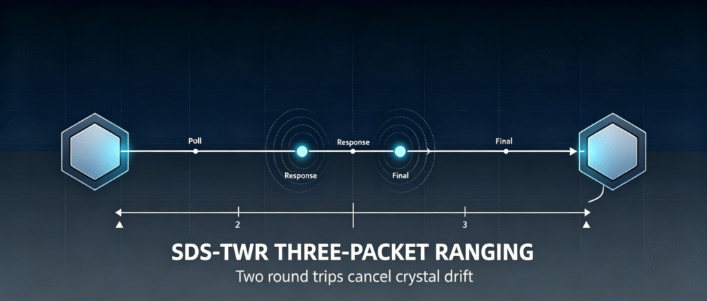 SDS-TWR Three-Packet Ranging: two round trips cancel crystal drift